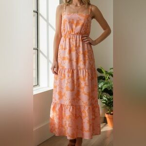SOCIAL STANDAR Vibrant Floral Maxi Dress in Orange and Pink